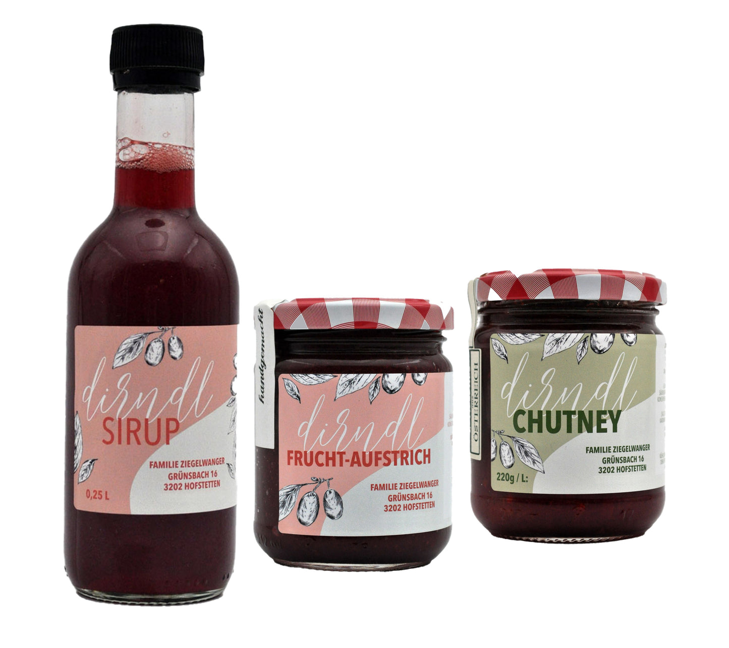 Kornelkirsche Dirndl 3er Probier-Set | 220g Fruchtaufstrich pur von der Kornelkirsche | 220g Kornelkirsche Chutney | 0,25 Liter Kornelkirsche Sirup